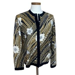 Neiman Marcus Cashmere Cardigan Sweater XL chainlink and floral print
